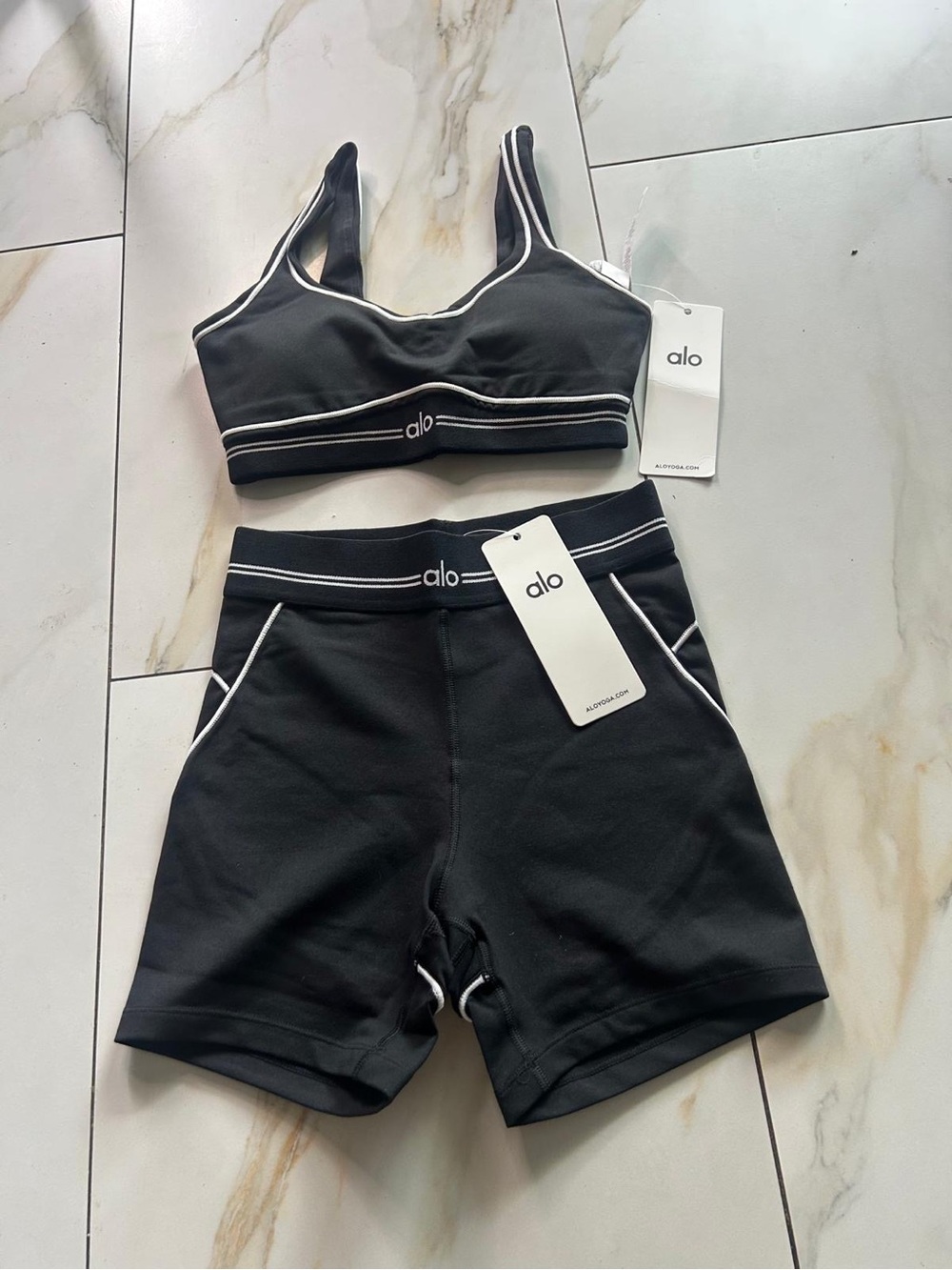 ALO Yoga Black Bike Shorts with White Piping
